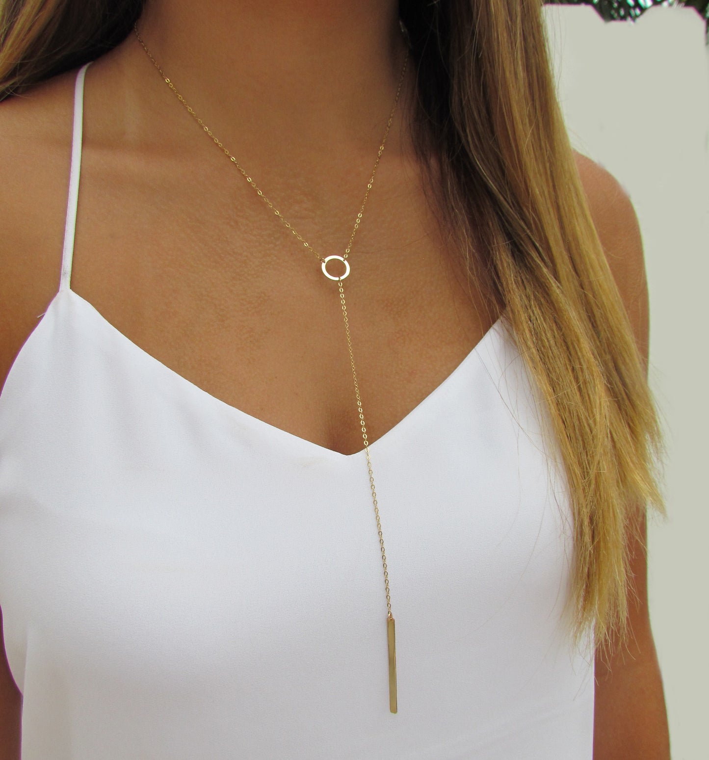 Circle and Bar Long Y Lariat Necklace | Minimalist Layering Jewelry
