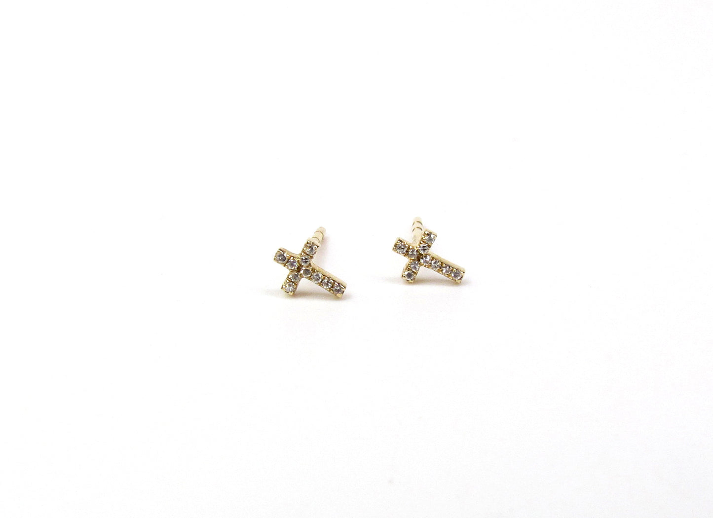 14K Diamond Tiny Cross Studs