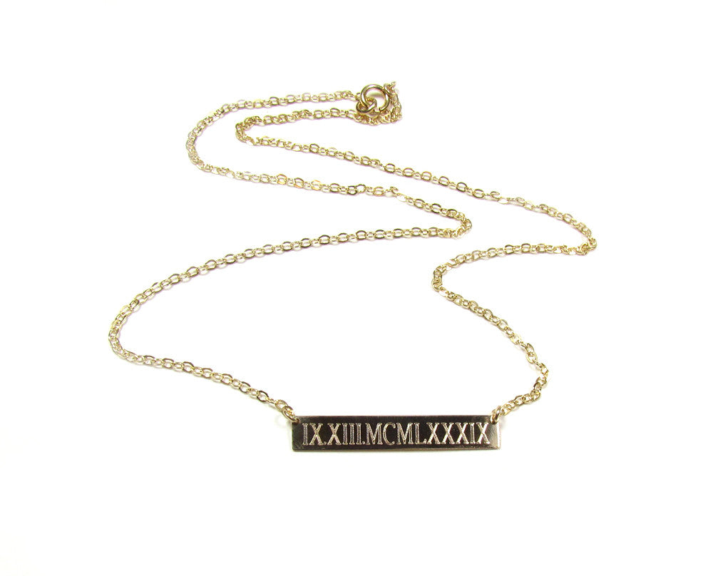 Engraved Roman Numeral Date Bar Necklace | Personalized Gold, Rose Gold & Silver Necklace
