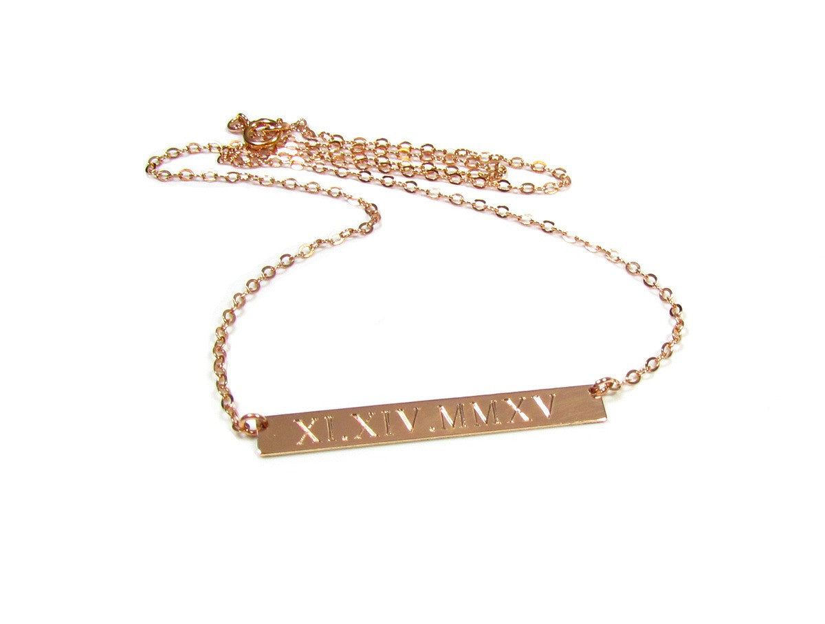 Engraved Roman Numeral Date Bar Necklace | Personalized Gold, Rose Gold & Silver Necklace