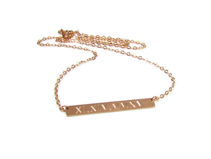 Engraved Roman Numeral Date Bar Necklace | Personalized Gold, Rose Gold & Silver Necklace
