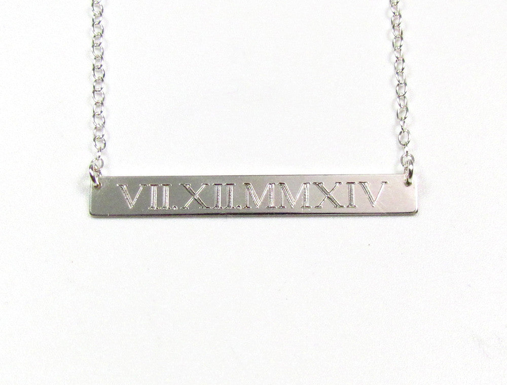 Engraved Roman Numeral Date Bar Necklace | Personalized Gold, Rose Gold & Silver Necklace