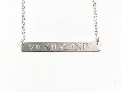 Engraved Roman Numeral Date Bar Necklace | Personalized Gold, Rose Gold & Silver Necklace