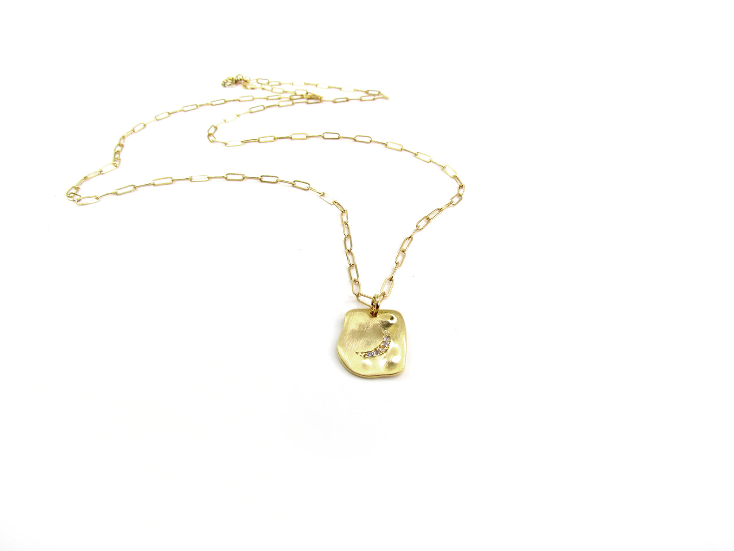 Moon CZ Pendant Necklace | Moon Charm on Dainty Paperclip Chain
