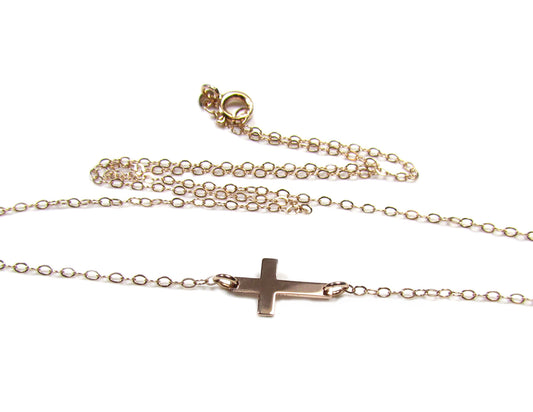 14K Mini Sideways Cross Necklace | Solid Yellow Gold