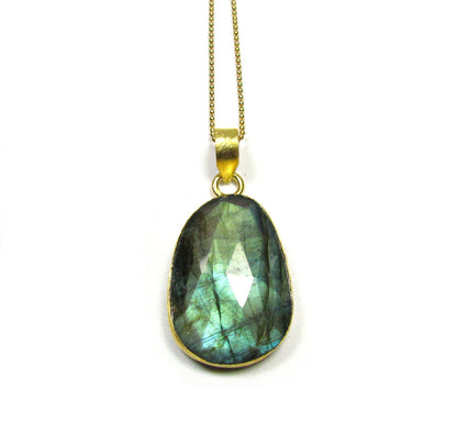 Large Bezel Labradorite Gemstone Pendant Necklace
