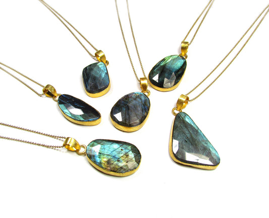 Large Bezel Labradorite Gemstone Pendant Necklace