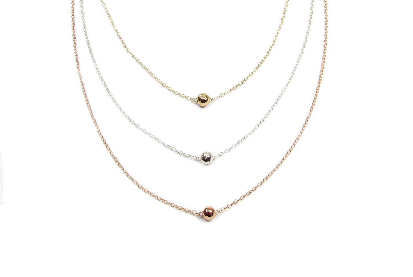 Set of 3 Layering Necklaces- Tiny Hammered Bead Necklace, Beaded Satellite Chain Necklace and Vertical Polished Bar Necklace