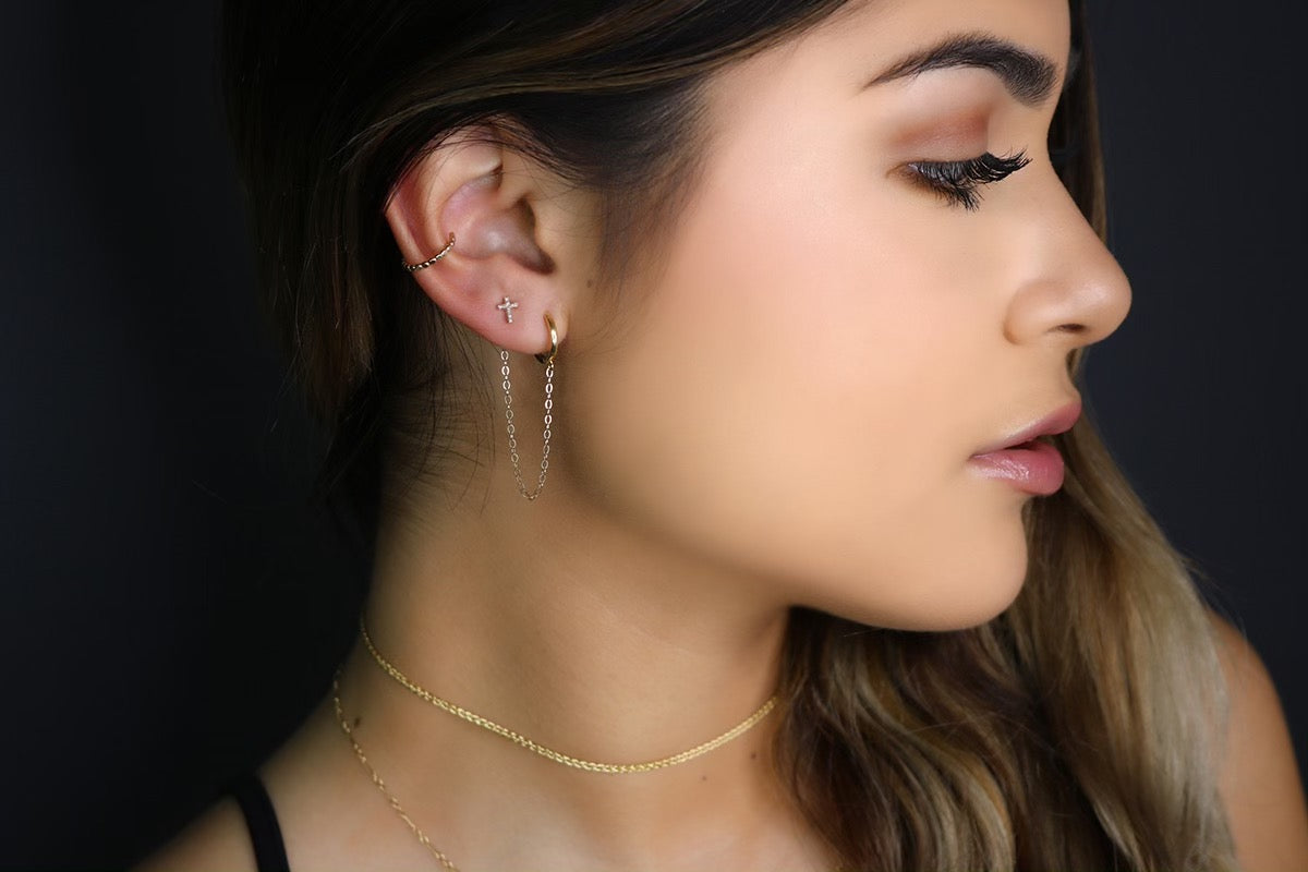 14K Solid Gold Mini Huggie Hoop with Chain | Connector Earring for Ear Stack