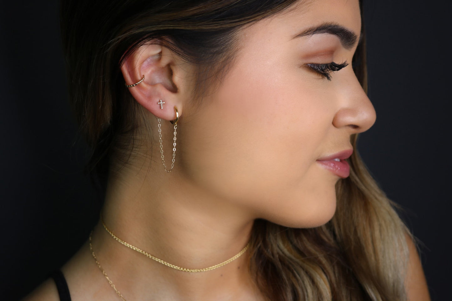 14K Solid Gold Mini Huggie Hoop with Chain | Connector Earring for Ear Stack