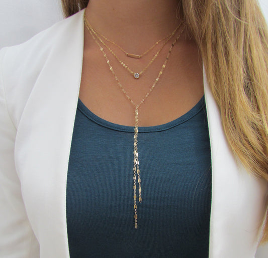 Layered Necklace Set | Tiny Bar, CZ Pendant & Lariat Chain