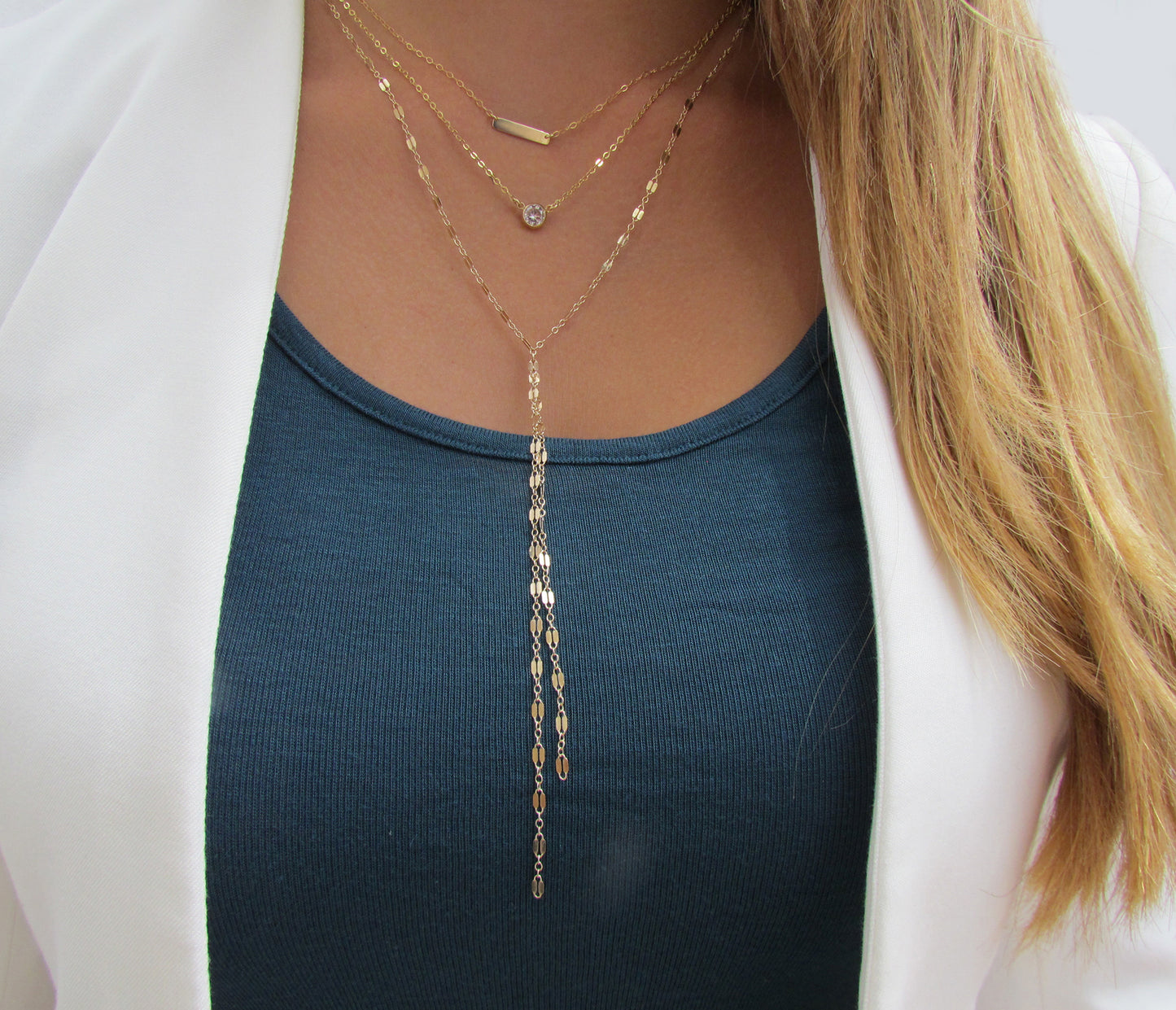 Layered Necklace Set | Tiny Bar, CZ Pendant & Lariat Chain