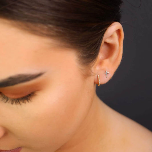 Tiny Cross Earrings | 14K Solid Gold | Polished or Matte Finish |Faith Jewelry