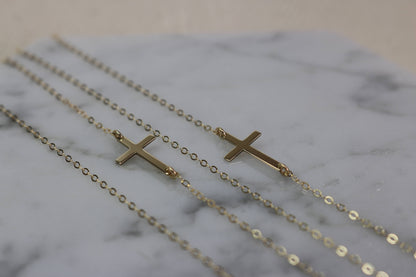 14K Solid Gold Sideways Cross Necklace | Dainty Gold Cross | Minimalist Fine Jewelry