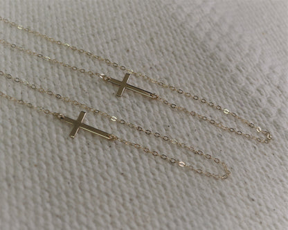14K Solid Gold Sideways Cross Necklace | Dainty Gold Cross | Minimalist Fine Jewelry