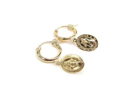 Virgin Mary & St. Christopher Charm Hoop Earrings | 14K Gold Filled Religious Jewelry