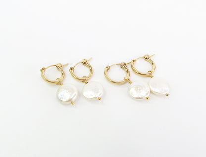 Coin Pearl Hoop Earrings | 14K Gold Filled or Sterling Silver | Dainty Pearl Hoops