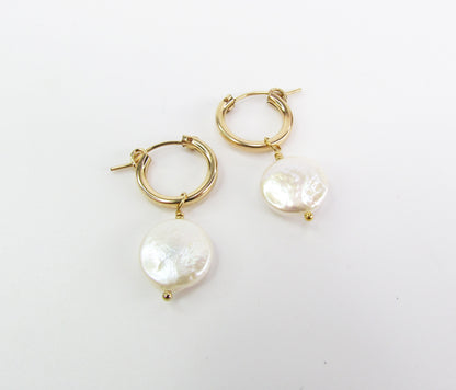 Coin Pearl Hoop Earrings | 14K Gold Filled or Sterling Silver | Dainty Pearl Hoops