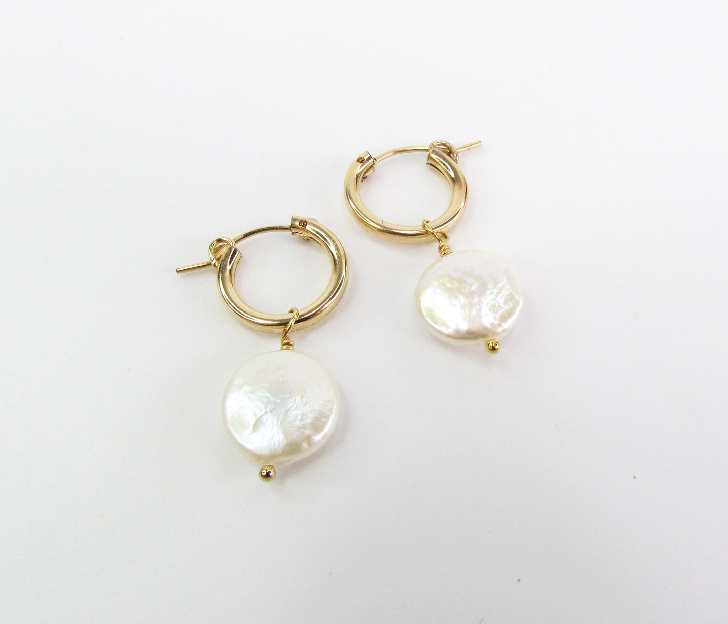 Coin Pearl Hoop Earrings | 14K Gold Filled or Sterling Silver | Dainty Pearl Hoops