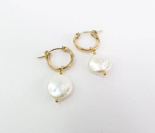 Coin Pearl Hoop Earrings | 14K Gold Filled or Sterling Silver | Dainty Pearl Hoops