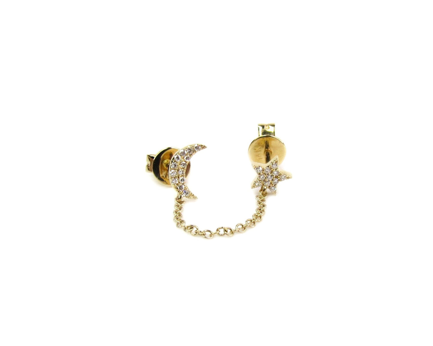 14K Diamond Moon + Star Handcuff Chain Earrings | Celestial Solid Gold Jewelry