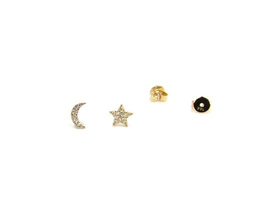 14K Solid Gold Diamond Moon & Star Earrings | Singles or Pairs | Celestial Fine Jewelry