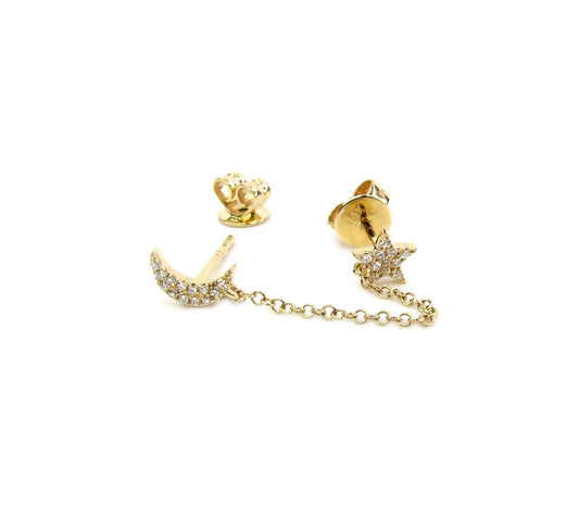14K Diamond Moon + Star Handcuff Chain Earrings | Celestial Solid Gold Jewelry