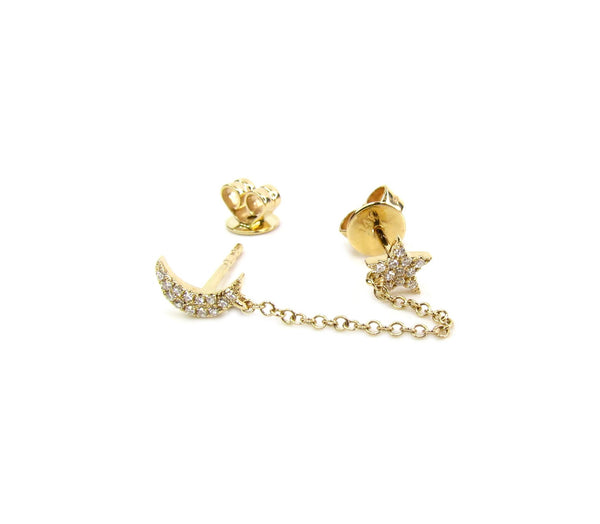 14K Diamond Moon + Star Handcuff Chain Earrings | Celestial Solid Gold Jewelry