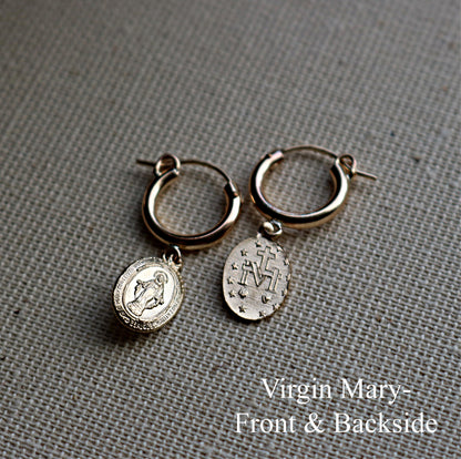 Virgin Mary & St. Christopher Charm Hoop Earrings | 14K Gold Filled Religious Jewelry