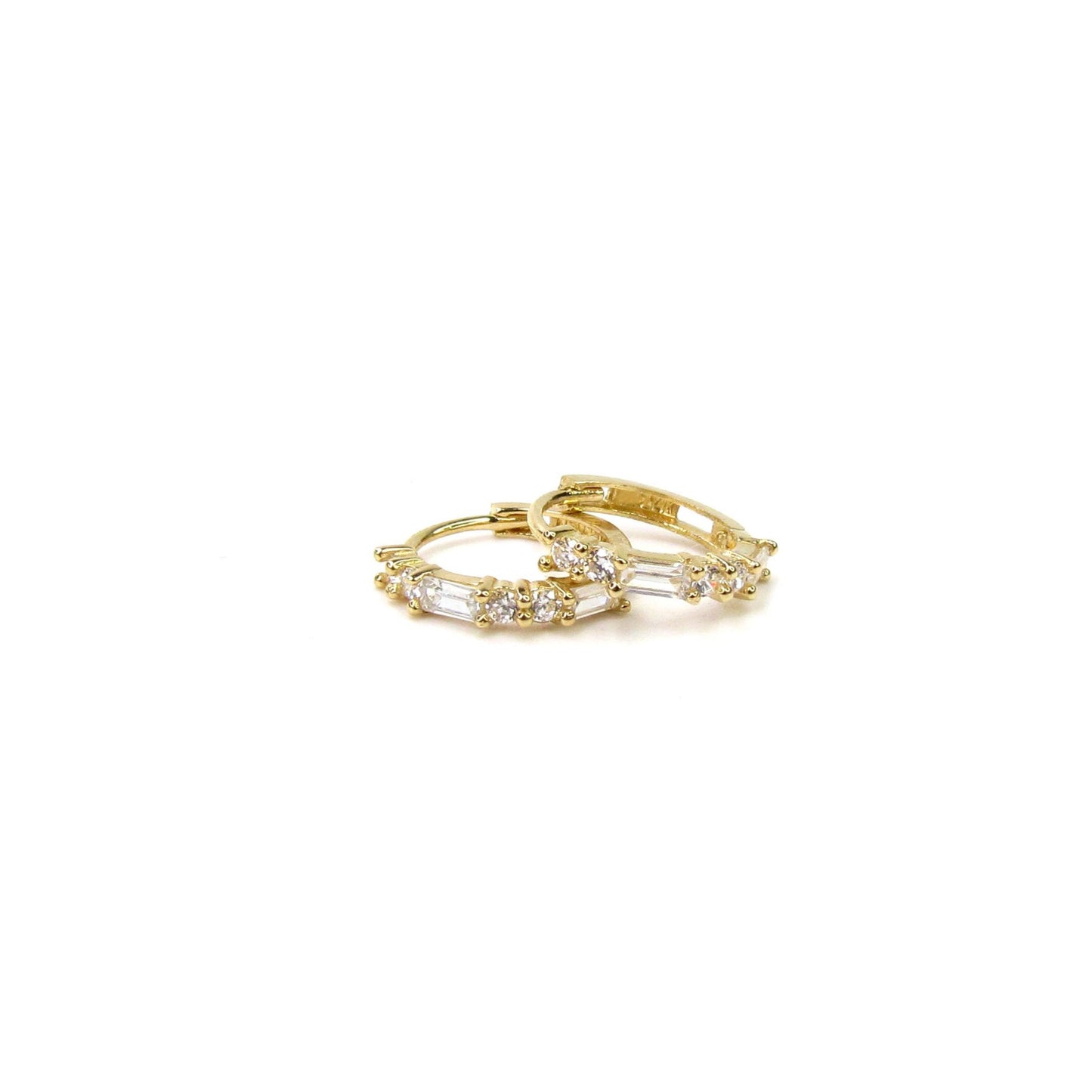 14K Gold Round & Baguette CZ Hoop Earrings | Pair
