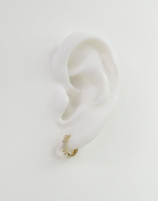 14K Gold Round & Baguette CZ Hoop Earrings | Pair