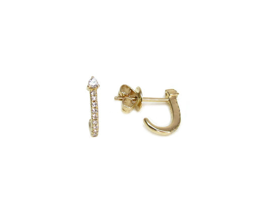 14K Gold Diamond J Hoop Earrings | Curved Diamond Bar Earrings