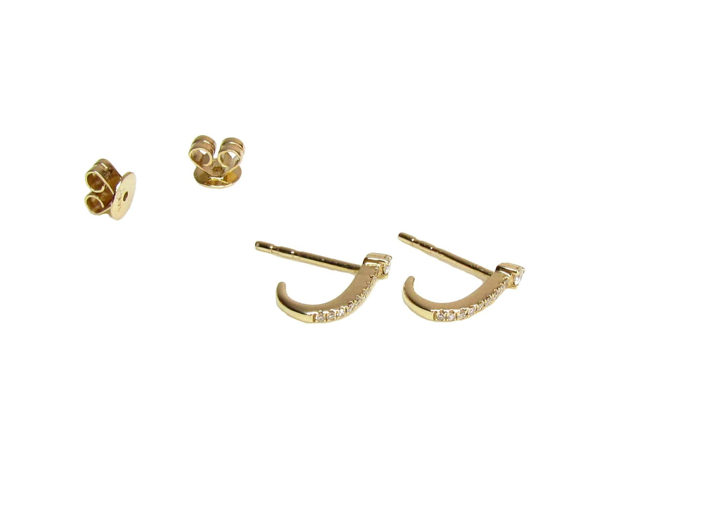14K Gold Diamond J Hoop Earrings | Curved Diamond Bar Earrings