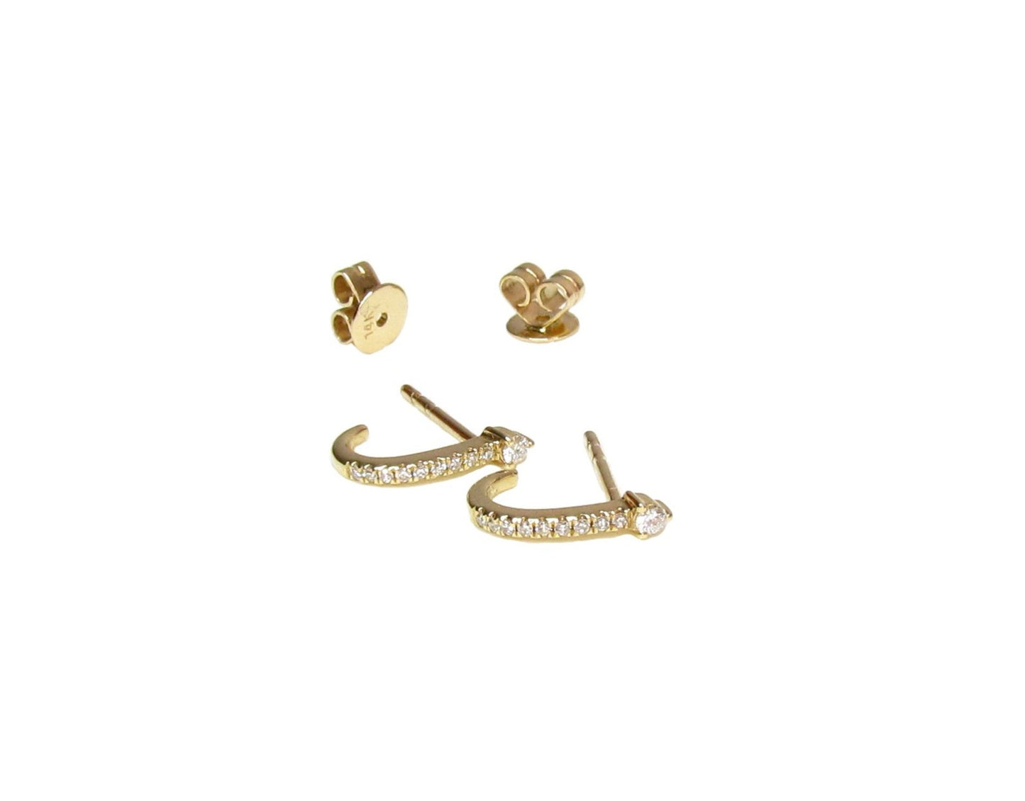 14K Gold Diamond J Hoop Earrings | Curved Diamond Bar Earrings