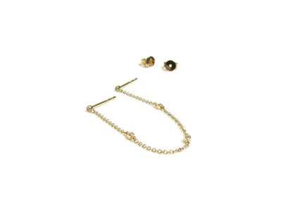 14K Double Diamond Handcuff Chain Earrings | Double Piercing Earring