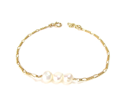 Freshwater Pearl Trio Bracelet | Dainty Triple Pearls on Figuero Chain