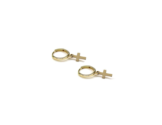 14K Hoop Earrings with Dangling Cross | Single or Pair