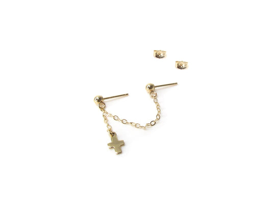14K Yellow Gold Cross Earring | Handcuff Style | Double Piercing Chain Earrings