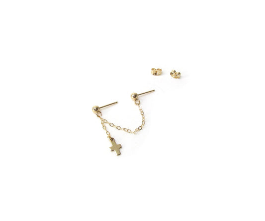 14K Yellow Gold Cross Earring | Handcuff Style | Double Piercing Chain Earrings