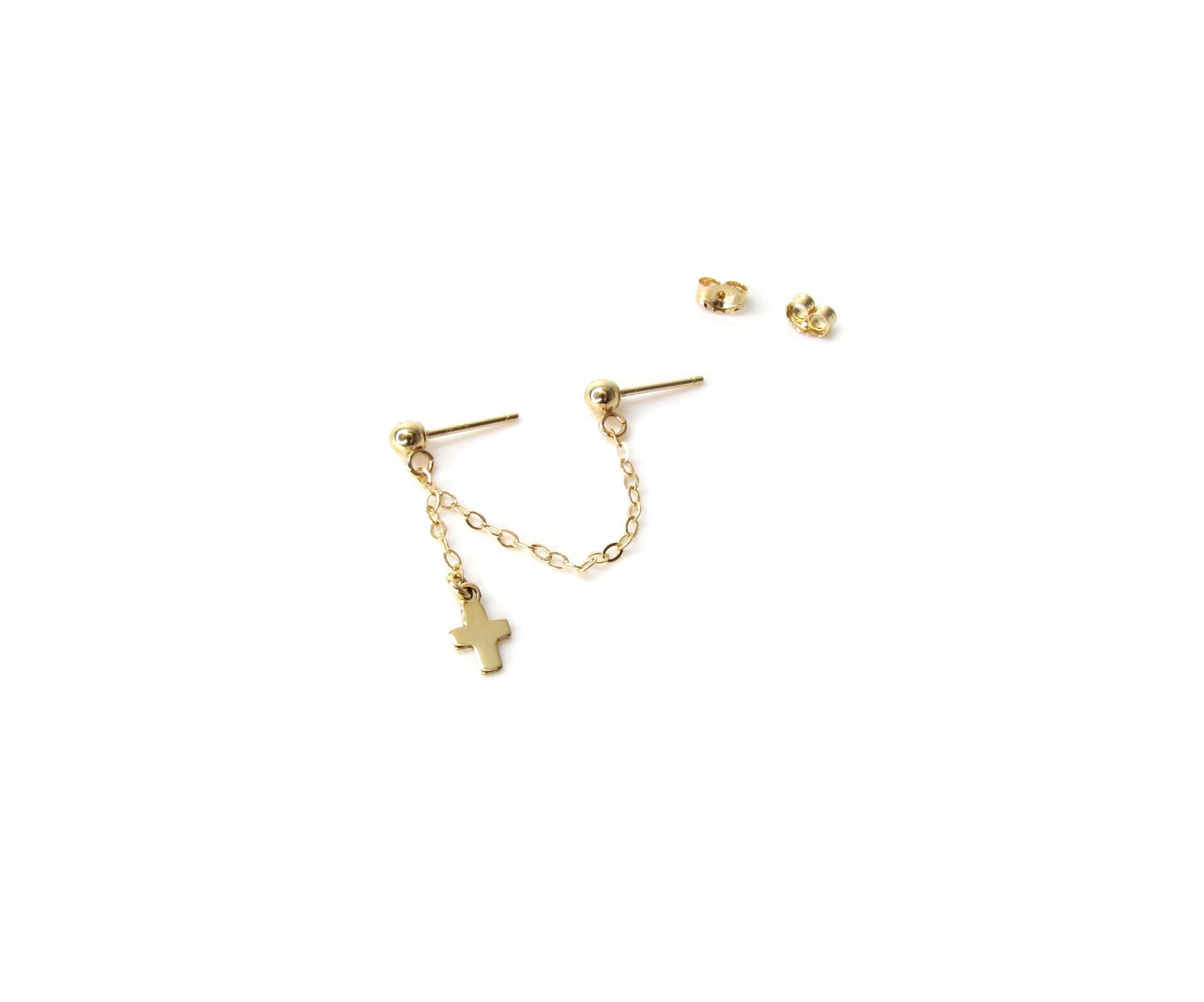14K Yellow Gold Cross Earring | Handcuff Style | Double Piercing Chain Earrings