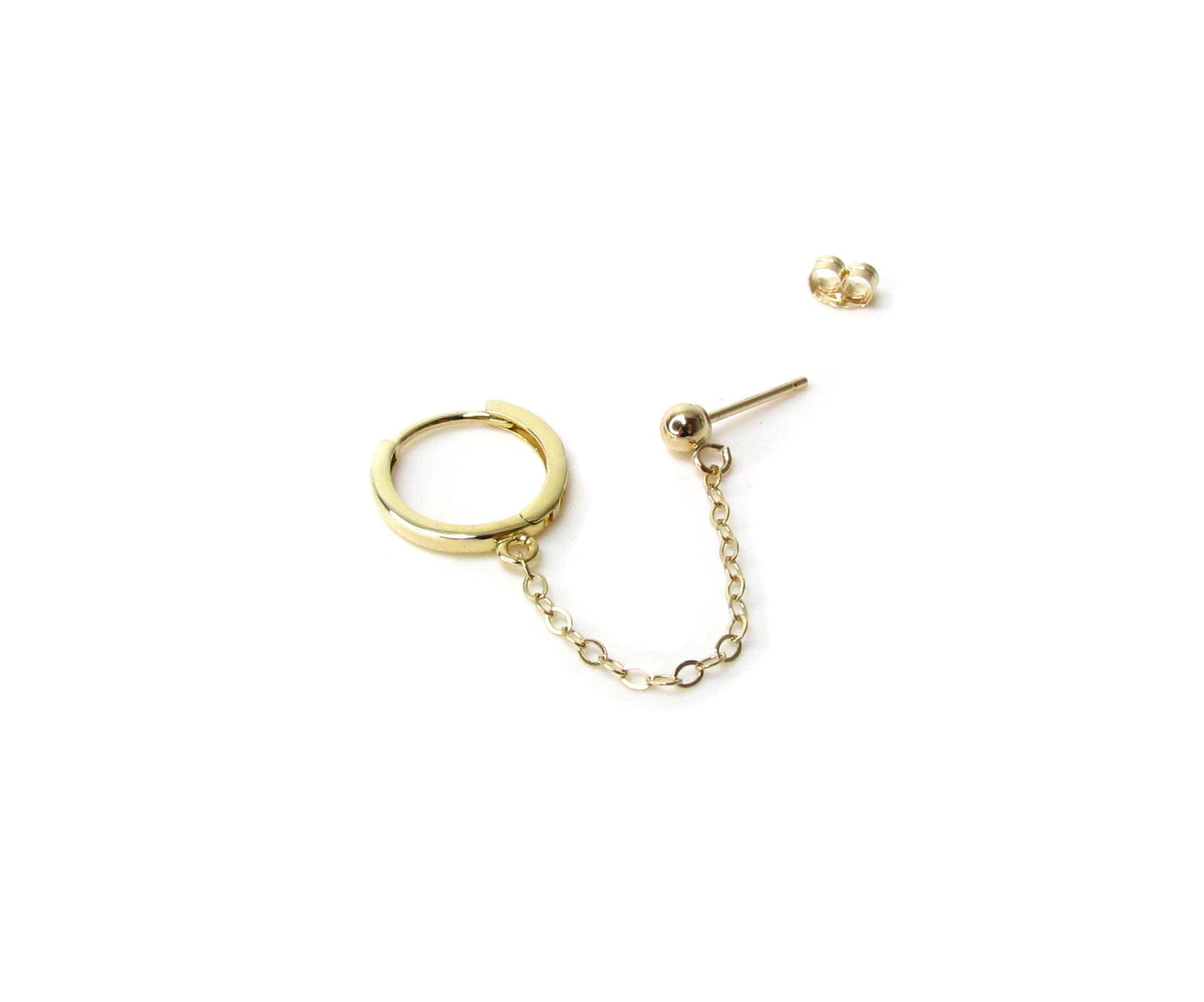 14K Gold Huggie Hoop and Ball Chain Earring | Handcuff Double Piercing Design