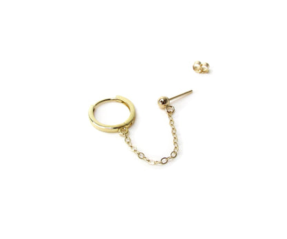 14K Gold Huggie Hoop and Ball Chain Earring | Handcuff Double Piercing Design