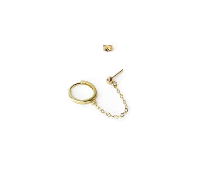 14K Gold Huggie Hoop and Ball Chain Earring | Handcuff Double Piercing Design