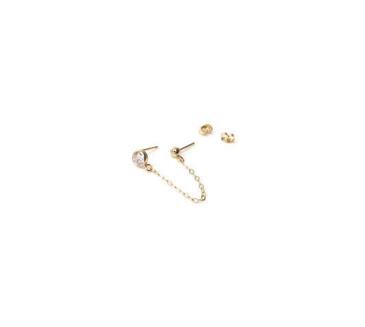 14K CZ & Ball Stud Handcuff Earrings | Double Piercing Gold Earrings | Chain Linked Studs