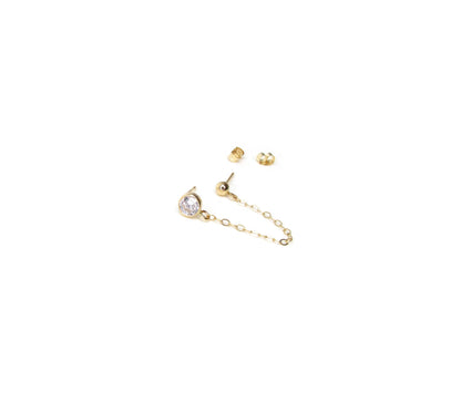 14K CZ & Ball Stud Handcuff Earrings | Double Piercing Gold Earrings | Chain Linked Studs
