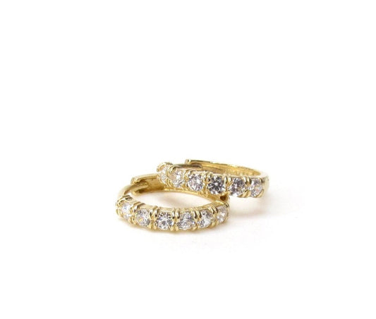 14K Solid Gold CZ Huggie Hoop Earrings | Channel Set with Click Closure