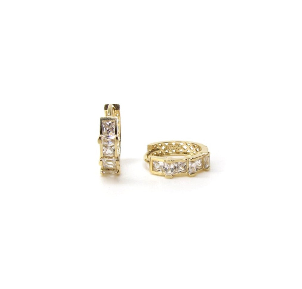 14K Solid Gold Princess & Round CZ Huggie Hoops | Click Closure