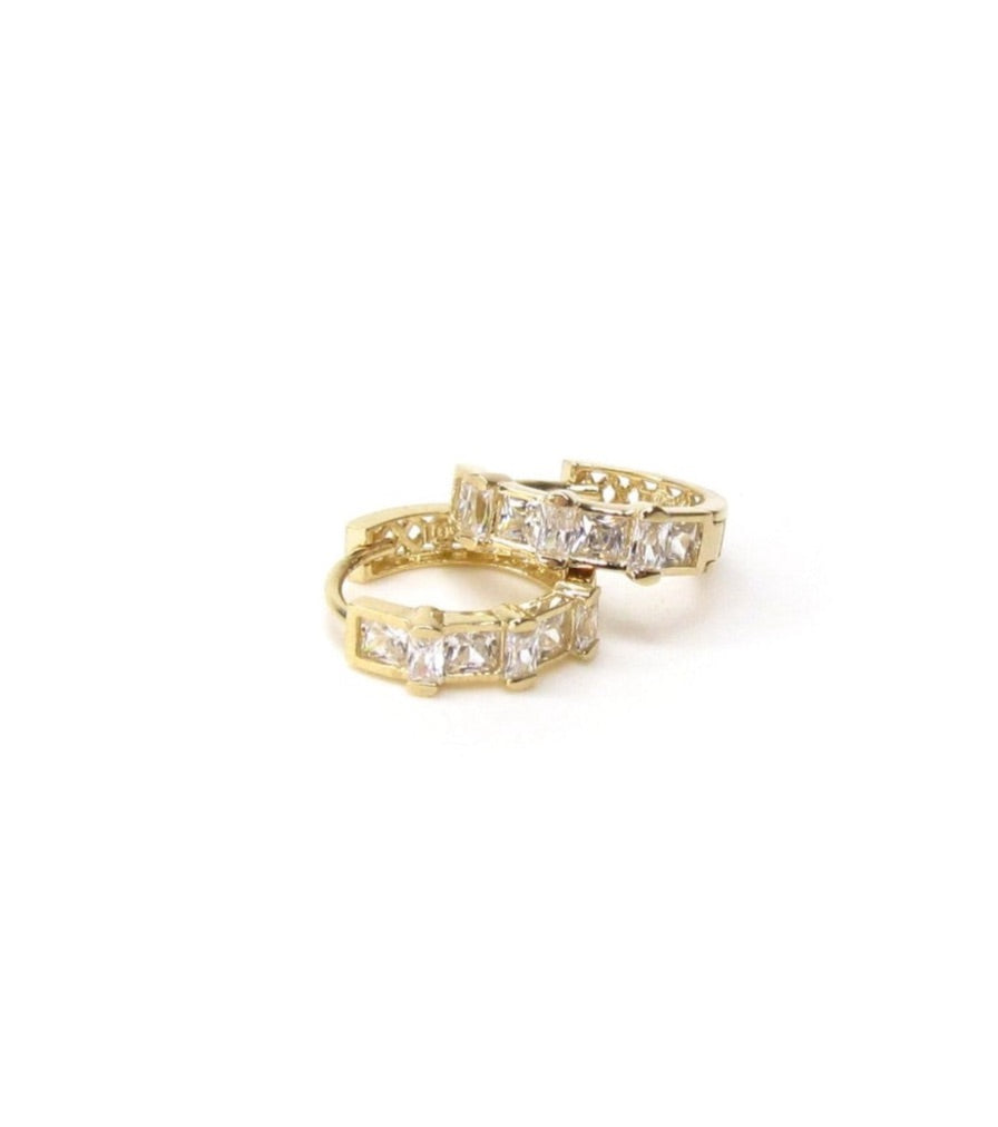 14K Solid Gold Princess & Round CZ Huggie Hoops | Click Closure