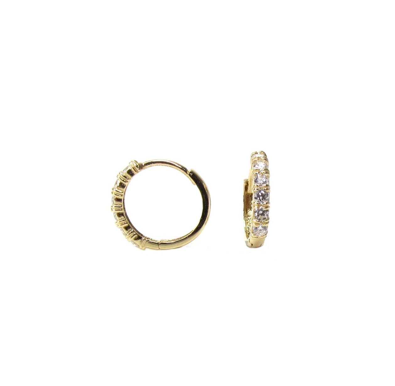 14K Solid Gold CZ Huggie Hoop Earrings | Channel Set with Click Closure