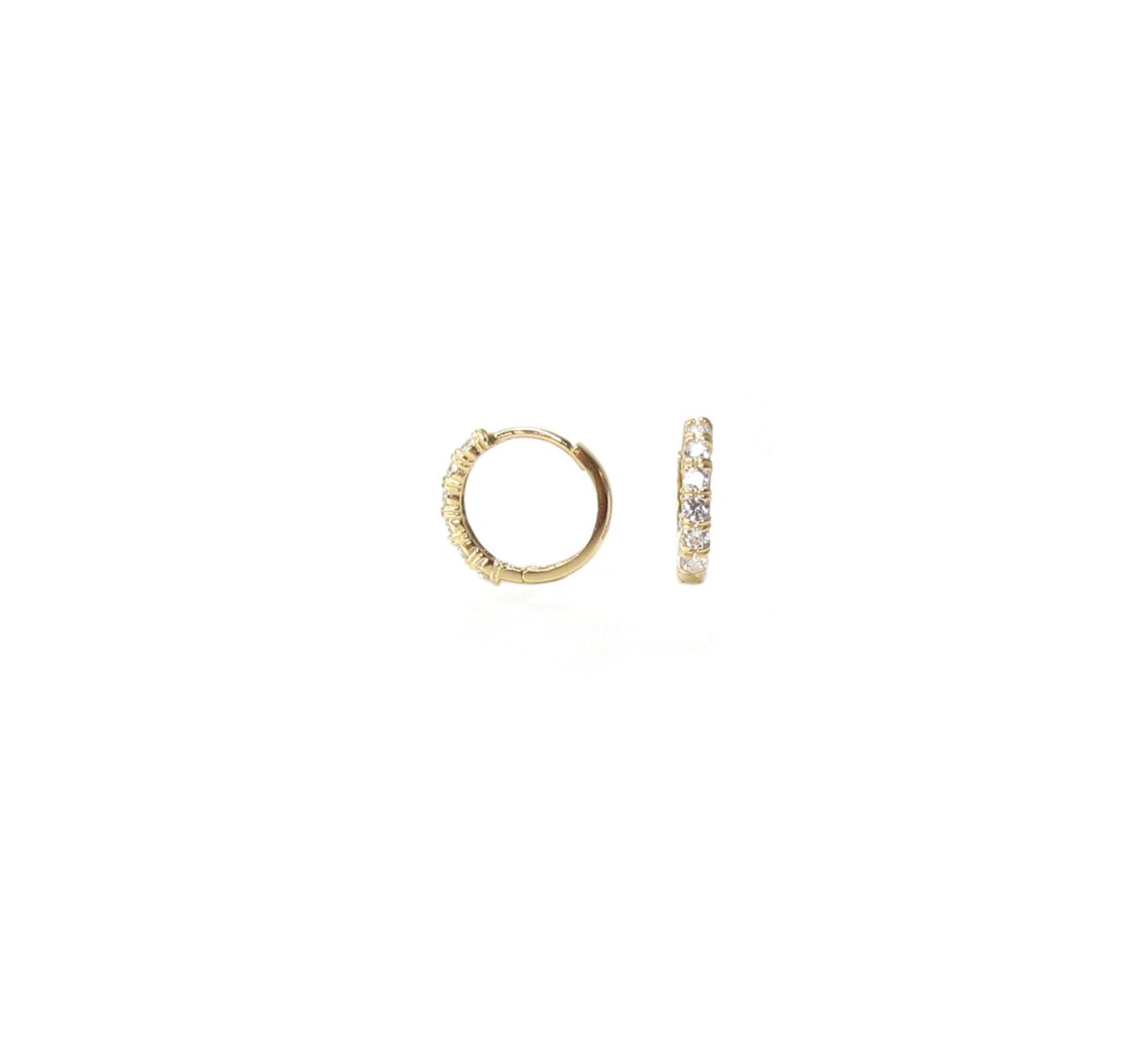 14K Solid Gold CZ Huggie Hoop Earrings | Channel Set with Click Closure